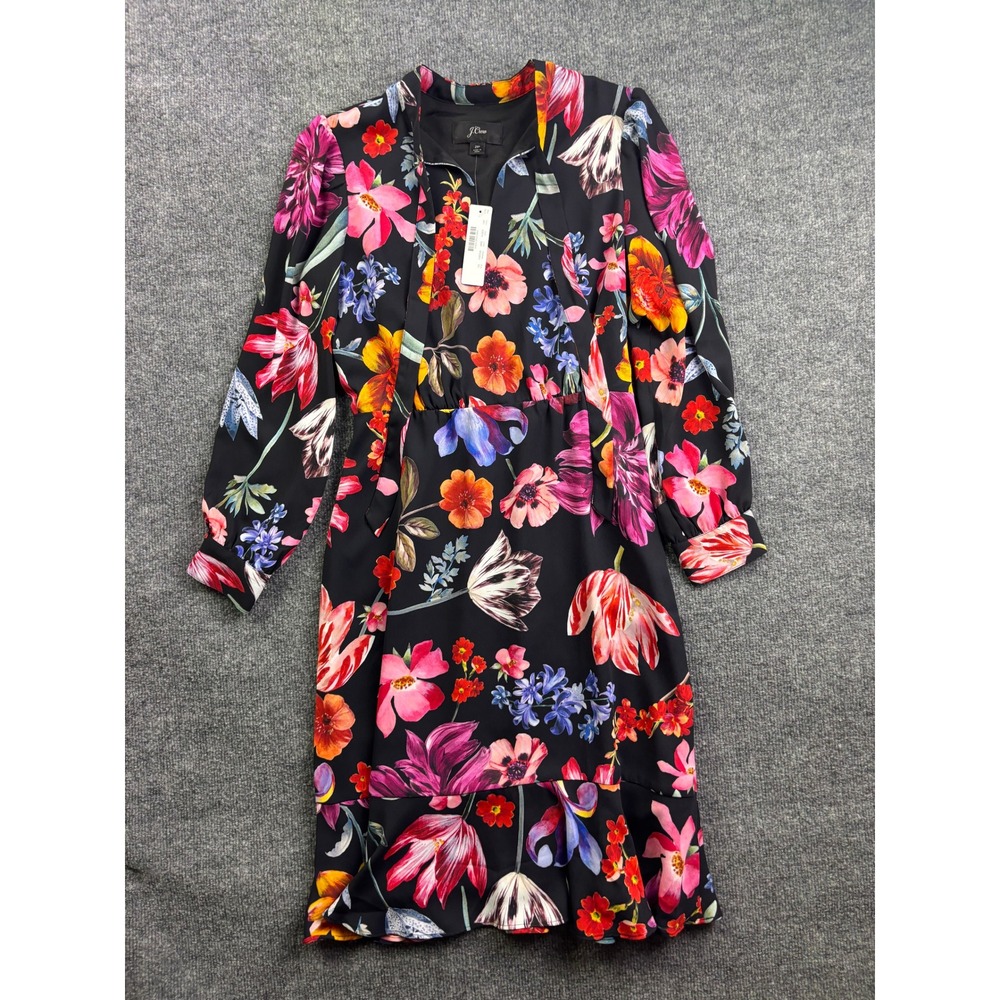 J.Crew Floral Tie-Neck Dress Women 2P Black Multi Ruffle Long‎ Sleeve AD070